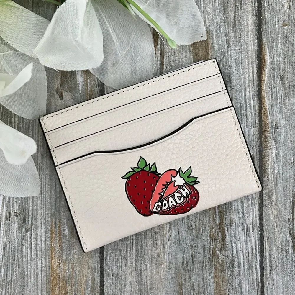 Coach Slim Id Card Case With Strawberry Graphic Wallet Bag Purse